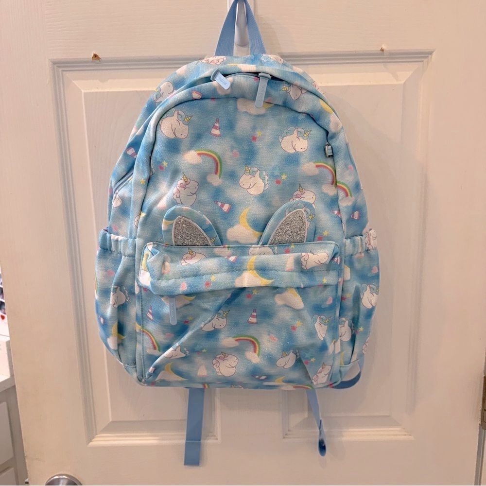 Sun Eight full size light blue unicorn print kids backpack with keychain- NWT - Picture 2 of 9